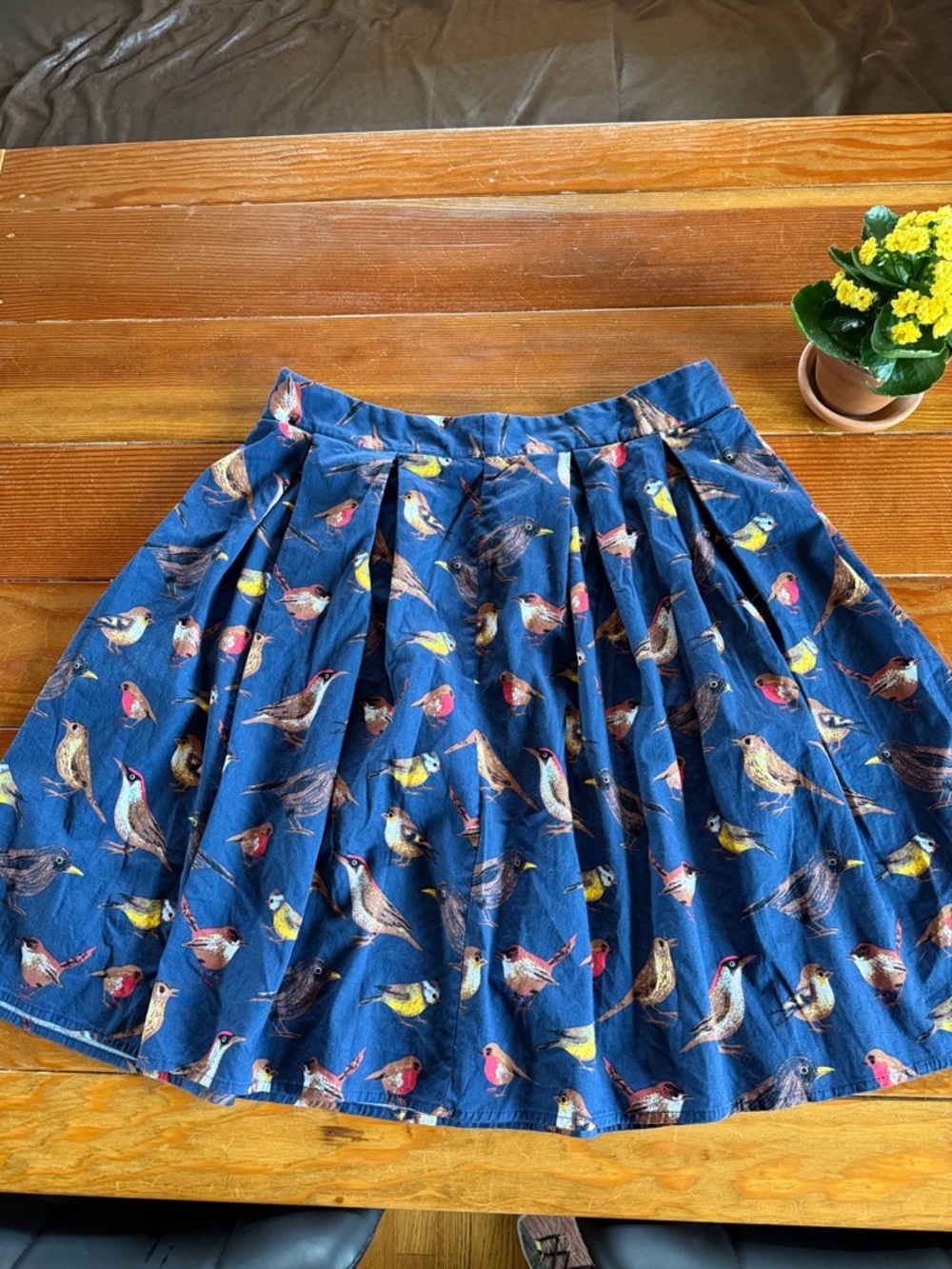 Navy Skirt with Colorful Bird Print